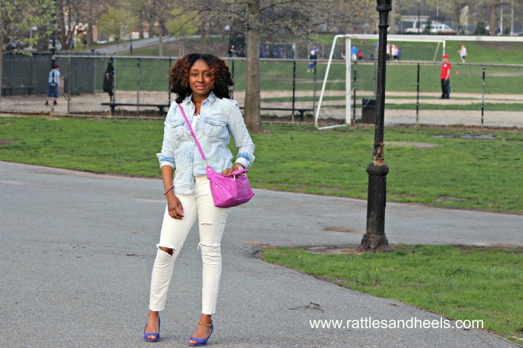 chambray shirt and distressed white jeans